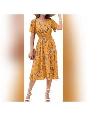 NWT Gardenwed V Neck Chiffon Floral Midi Elastic Waist Dress, Medium